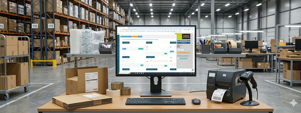 Target 3PL warehouse packing station with logistics software and label printer